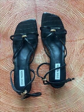 Steve Madden Jamina Black Strappy Square-Toe Sandals with Gold Accent